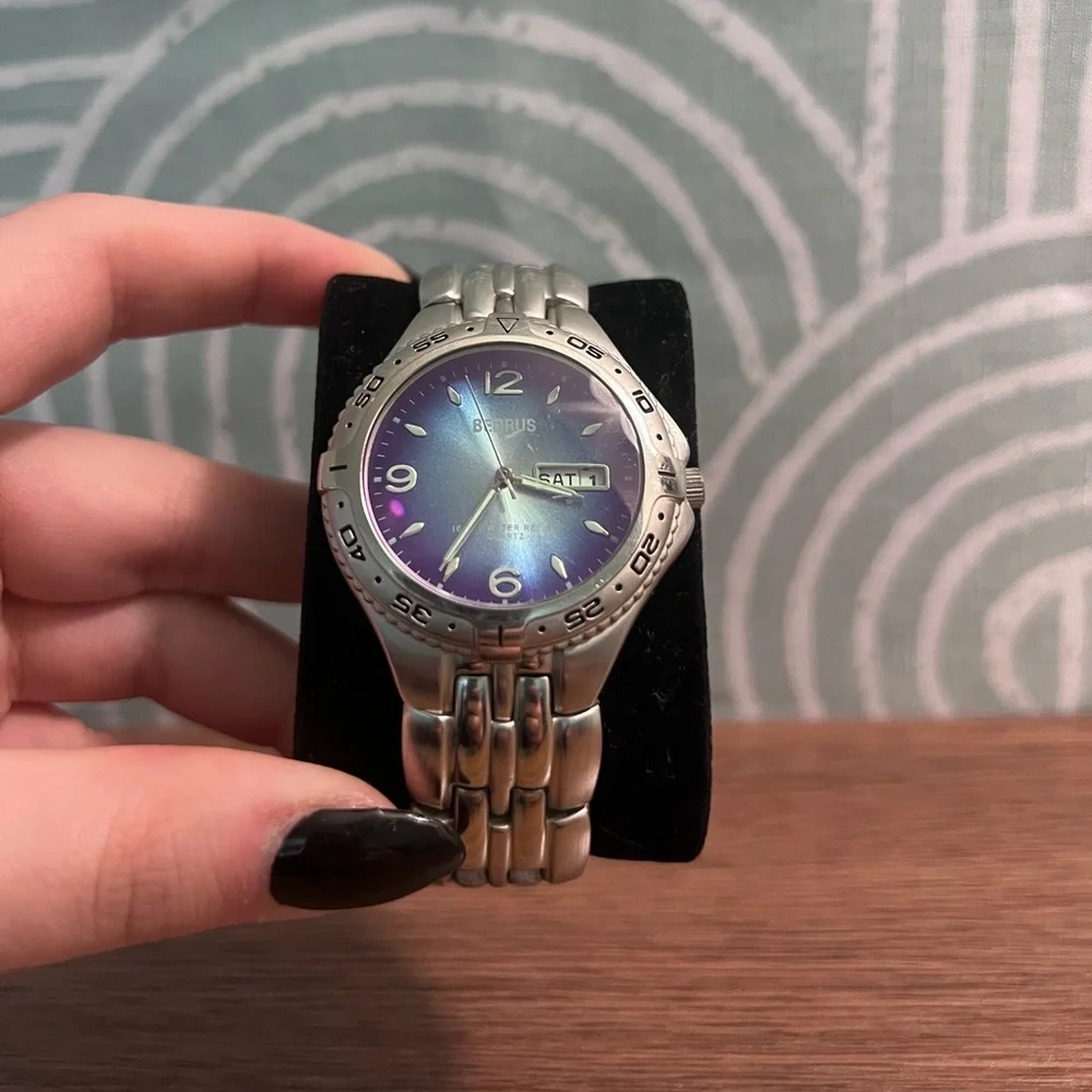 Silver Watch with Blue Dial - Benrus 6.5 Inch Wrist Size